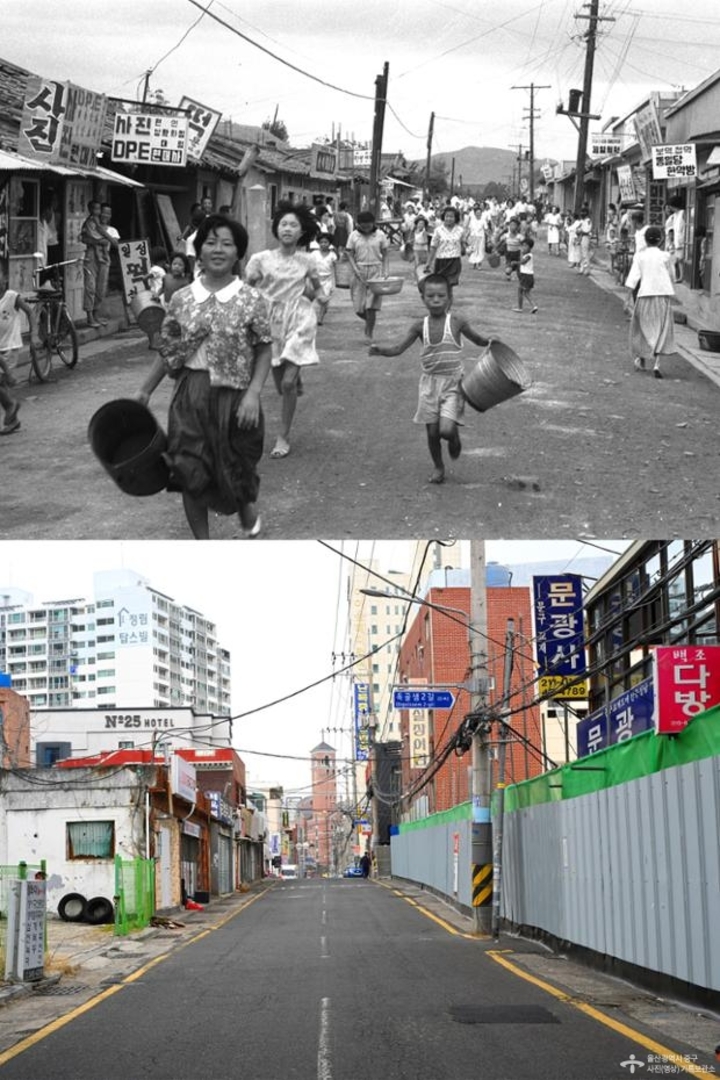 중앙동사무소(구 옥교동사무소)주변 시가지 1960년대와 2023년 모습 =울산 중구 제공
