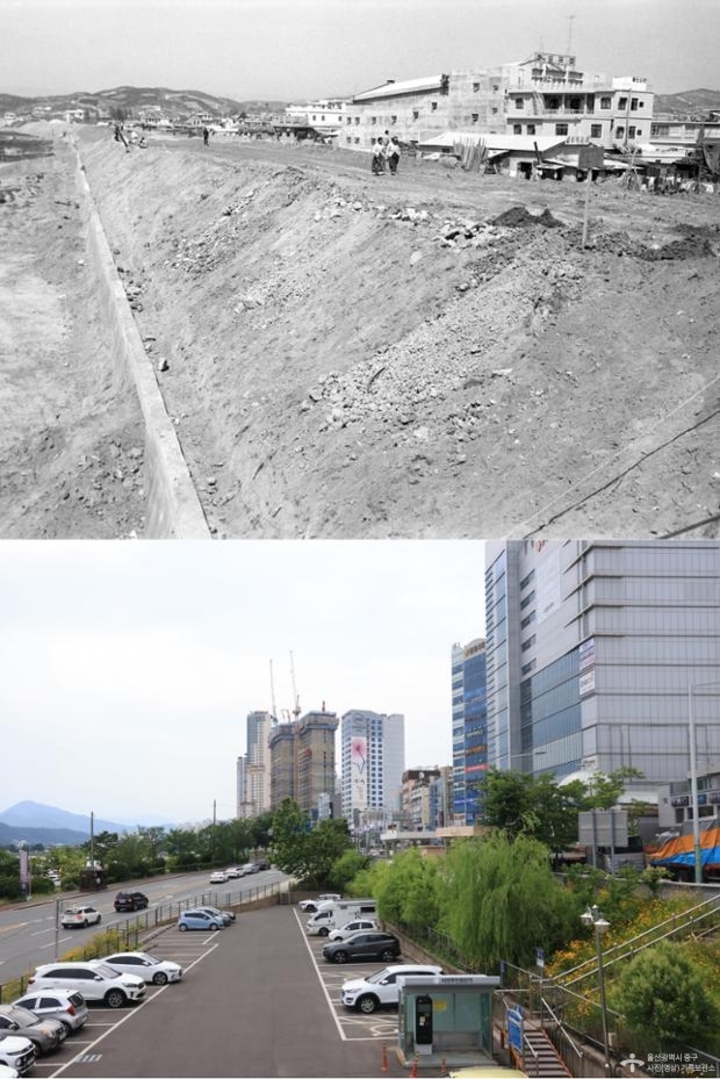 태화강변 공영주차장 주변시가지 옛모습과 오늘날 모습 =울산 중구 제공
