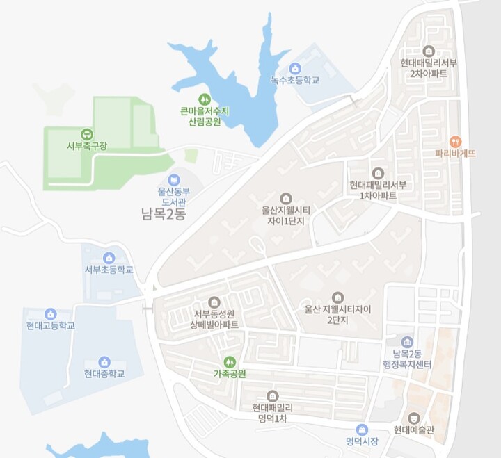 울산 동구 지웰시티자이 1,2단지와 서부초, 녹수초 위치도.