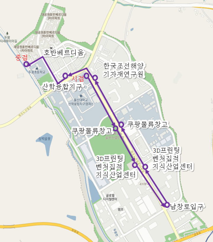 울산시 자율주행자동차 시범지구 구간. 
