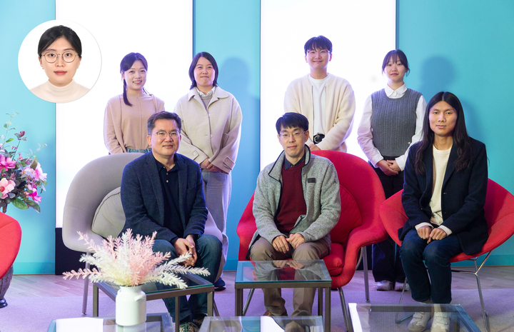 왼쪽 원형 제1저자 진은지 연구원, 윗줄 왼쪽부터 이정혜 연구원, 강은영 초빙교수, 남주한 연구원, 조현수 연구원, 아랫줄 왼쪽부터 최원영 교수, 민승규 교수, 이인성 연구원의 모습. UNIST 제공

