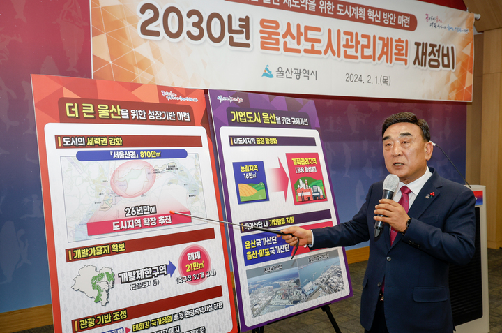 김두겸 울산시장이 1일 울산시청 프레스센터에서 '2030년 울산 도시관리계획 재정비 안'을 발표하고 있다. 이수화 기자
