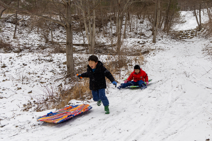 울산지역 눈이 내린 지난 23일 울주군 상북면의 비탈길에서 아이들이 눈썰매를 타며 즐거운 시간을 보내고 있다. 최지원 기자