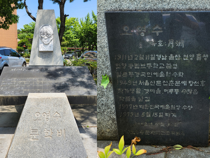 울산 남구문화원 앞 난계 오영수 선생'의 문학혼을 기리기 위해 세워진 문학비. 이 문학비 뒷편에 적힌 명문에 오영수 선생의 출생 연도가 1909년이 아닌 1911년으로, 신춘문예 당선도 1949년으로 잘못 기재돼 있다.
