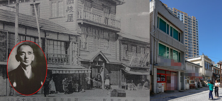 (왼쪽부터) 일제강점기 1909년 방어진 중앙에 세워졌던 사누끼 여관(찬기옥)의 모습. 13일 방어진 역사관 김점식 마을해설사와 방문한 사누끼 여관은 그 당시 형태는 그대로 보존된 채 외관만 목조에서 콘크리트로 바뀐 채 한 식당이 들어서 있다. 왼쪽 아래 사진은 ㈜하야시카네상점의 사장이었던 나카베 이쿠지로(1866~1946). 이수화 기자