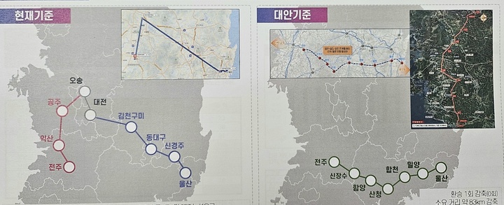 울산~전주간 고속철도의 현재 노선(좌)과 대안 노선(우). 위 대안 노선은 아직 확정되지 않은 가안 중 하나로, 울산~밀양~창녕~의령~산청~함양~신장수~전주를 잇는 또하나의 대안 노선도 있다.