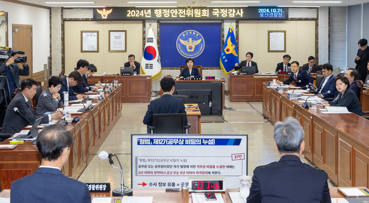 21일 울산경찰청 대회의실에서 2024년 국회 행정안전위원회의 울산경찰청에 대한 국정감사가 열리고 있다. 최지원 기자