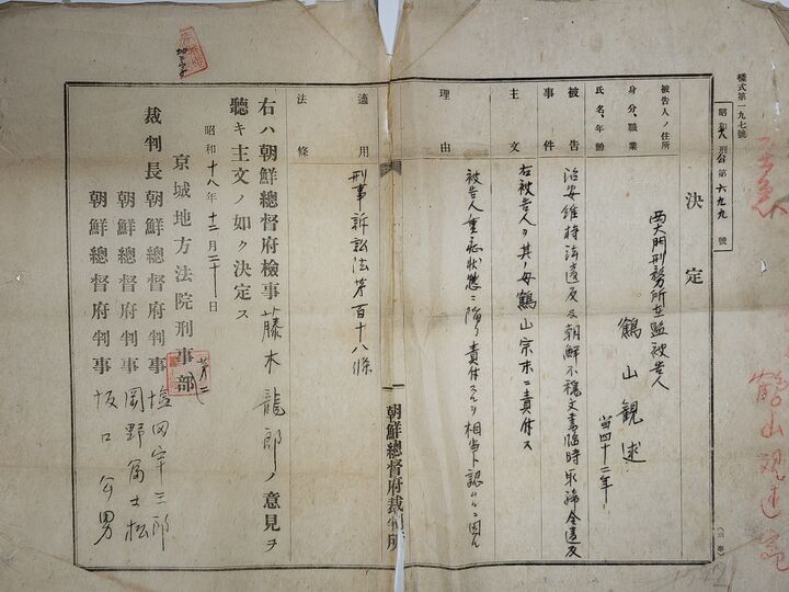 1943년 12월 서대문형무소 수감 중 병 보석으로 석방 결정 문서.