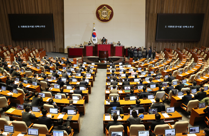 우원식 국회의장이 7일 오후 국회 본회의에서 윤석열 대통령의 탄핵소추안에 대해 의결 정족수 부족으로 '투표 불성립'을 선언하고 있다. 연합뉴스
