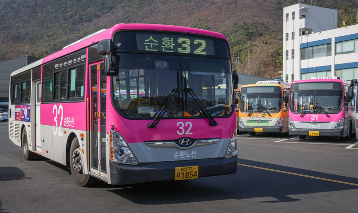 울산시가 시민들이 시내버스와 순환노선 버스의 구분을 쉽게 하도록 편의를 제공하기 위해 순환노선 버스에 분홍색을 도입한 가운데 11일 울산 울주군 소재 율리공영차고지에서 분홍색으로 새단장한 순환버스가 출발하고 있다. 이수화 기자