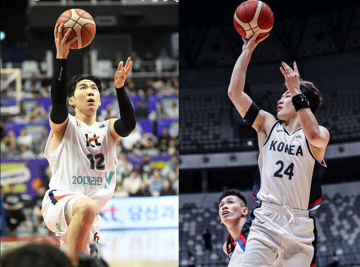 프로농구 수원 kt에서 활약하고 있는 문정현(왼쪽·KBL 제공)과 2025 FIBA 아시아컵 예선에 출전, 점프슛을 하고 있는 문유현(대한민국농구협회 제공). 