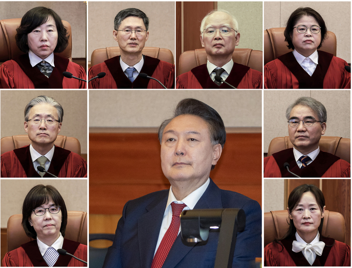 헌법재판소가 윤석열 대통령을 지난 4일 파면했다. 문형배 헌재소장 권한대행은 이날 오전 11시 22분께 "윤석열 대통령을 파면한다"는 탄핵심판 선고 주문을 읽었다. 파면의 효력은 즉시 발생해 이를 기점으로 윤 대통령은 직위를 잃었다. 사진 윗줄 왼쪽부터 시계방향으로 헌법재판소 대심판정에 앉은 정계선, 문형배, 정형식, 김복형, 조한창, 정정미 헌법재판관, 윤 대통령, 이미선, 김형두 헌법재판관. 연합뉴스