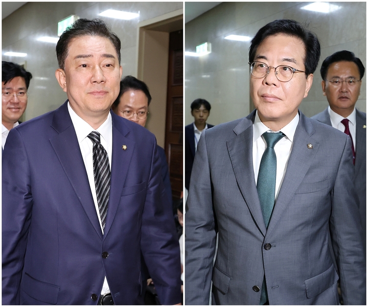 더불어민주당 김병기 당 대표 직무대행 겸 원내대표(사진 왼쪽)와 국민의힘 송언석 비대위원장 겸 원내대표(사진 오른쪽)가 18일 국회에서 장관 후보자들의 인사청문 보고서 채택 등을 논의하기 위해 각각 운영위원장실로 들어가고 있다. 연합뉴스