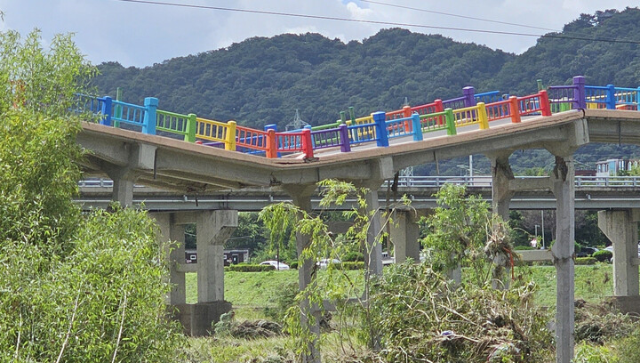 울산 '구 삼호교' 상판 일부가 21일 내려앉은 모습. 담당 지자체인 울산 중구는 최근 내린 많은 비로 교각이 약화하면서 지난 20일 상판이 침하한 것으로 추정한다. 연합뉴스