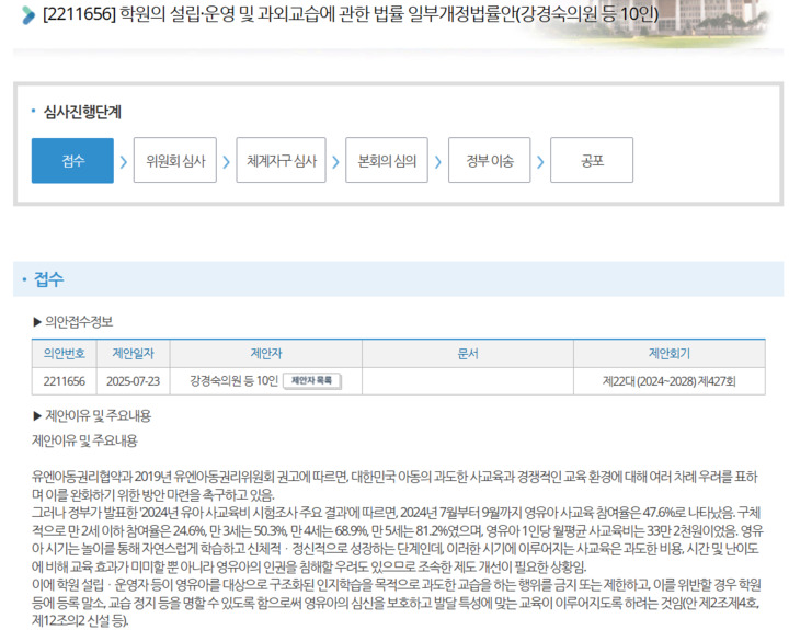 강경숙 의원이 대표 발의한 일명 '영유 금지법'.