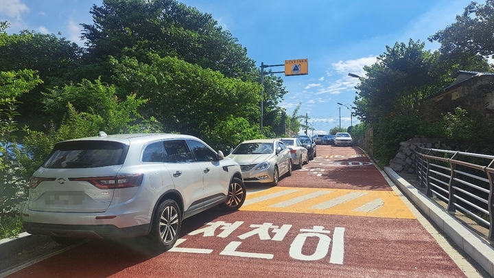 울산 남구 장생포동의 한 노인보호구역 양쪽 가장자리에 차량이 주차돼 있어 통행에 어려움을 주고 있다.