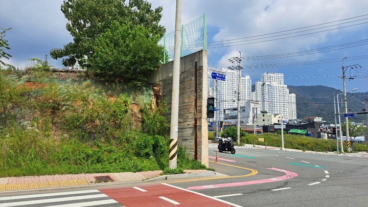 울산 북구 호계중교차로의 옹벽이 보행자와 운전자의 시야를 가로막고 있다.