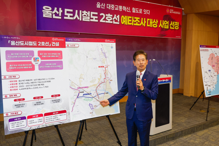 안효대 울산시 경제부시장이 지난달 31일 울산시청 프레스센터에서 울산도시철도 2호선 예비타당성 조사 대상사업 선정과 관련해 사업 추진 계획 등에 대해 설명하고 있다. 최지원 기자