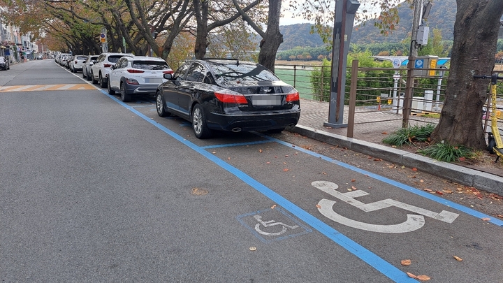 울산 중구 십리대밭 노상주차장에 경차전용과 장애인전용 주차장이 같은 파란색 실선으로 나란히 설치돼 있다.