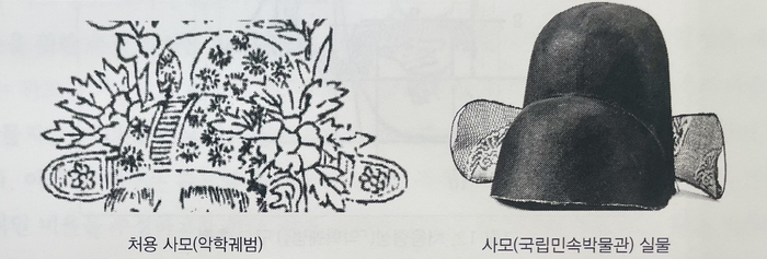 왼쪽 처용사모 (악학궤범). 오른쪽 사모 실물(국립민속박물관 )