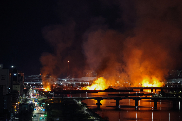 24일 오후 울산 명촌교 인근 억새밭에 화재가 발생해 여러 곳에서 동시에 불기둥이 솟아오르고 있다. 이수화 기자