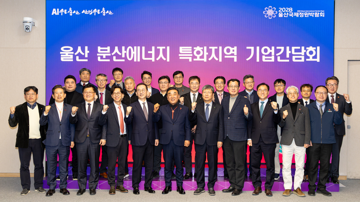 울산 분산에너지 특화지역 기업간담회가 열린 28일 울산시청 대회의실에서 김두겸 울산시장, 안효대 경제부시장, SK가스, SKMU, HD현대중공업, 고려아연, 한국에너지공단, 한국전력공사, 에너지경제연구원 등 분산에너지 관련 기업가 유관기관 관계자가 기념촬영을 하고 있다. 최지원 기자