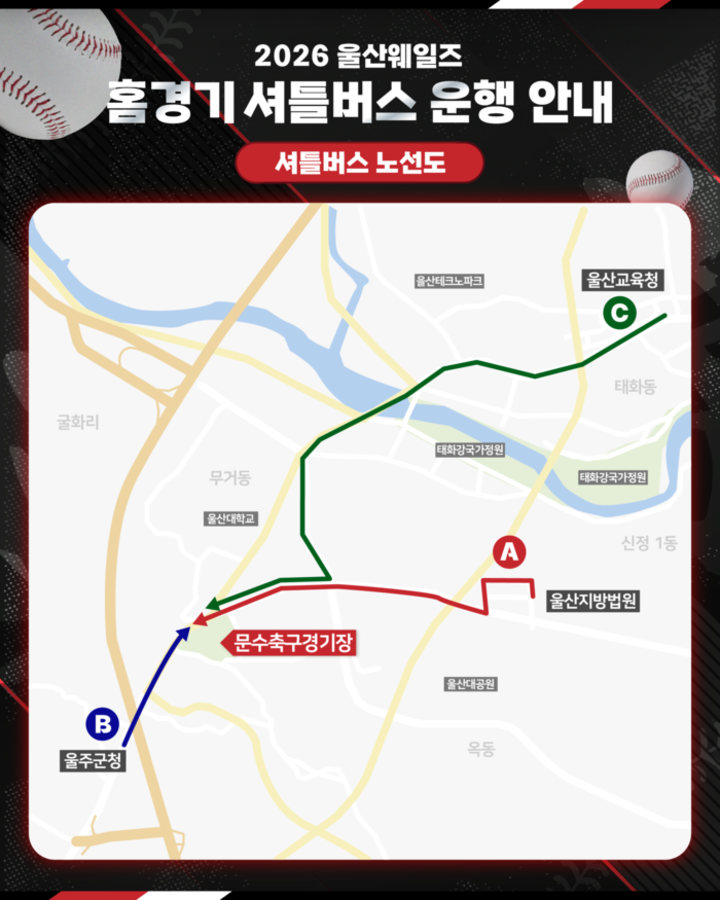 셔틀버스 노선도. 울산웨일즈 제공