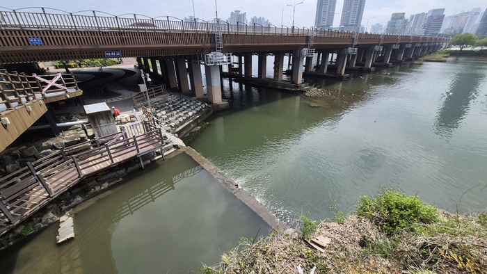 태화루에서 성남동 방향으로 내려가는 나무 데크 아래 우정고지배수터널에서 회색빛을 띄고 있는 물이 흘렀고, 우수 토실을 넘쳐 태화강으로 흘러가고 있다. 독자 제공