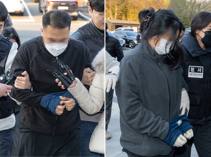 캄보디아에 거점을 두고 120억원대 로맨스스캠 사건의 주범으로 지목된 부부가 지난 1월 23일 국내로 강제 송환된 가운데 조사를 받기 위해 울산경찰청으로 압송됐다. 울산매일 포토뱅크