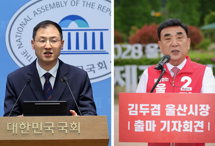 (왼쪽부터) 6·3 지방선거에 출마한 더불어민주당 울산시장 후보 김상욱 의원이 29일 국회 소통관에서 제22대 국회의원직 사직 의사를 밝히고 있다. 연합뉴스/ 김두겸 울산시장이 29일 울산 중구 태화강 국가정원에서 제9대 울산광역시장 선거 출마선언 기자회견을 하고 있다. 이수화 기자