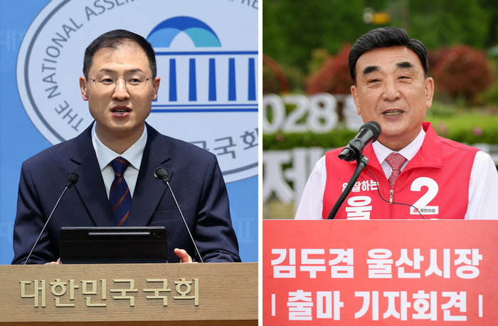 (왼쪽부터) 6·3 지방선거에 출마한 더불어민주당 울산시장 후보 김상욱 의원이 29일 국회 소통관에서 제22대 국회의원직 사직 의사를 밝히고 있다. 연합뉴스/ 김두겸 울산시장이 29일 울산 중구 태화강 국가정원에서 제9대 울산광역시장 선거 출마선언 기자회견을 하고 있다. 이수화 기자