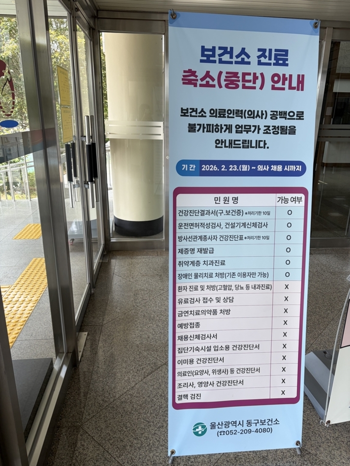 울산 동구보건소의 의사가 구해지지 않으면서 축소된 보건소 진료 항목을 안내하는 표지판.