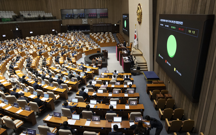 7일 국회에서 열린 제435회 국회(임시회) 1차 본회의에서 친일반민족행위자 재산 국가 귀속 특별법이 통과되고 있다. 연합뉴스