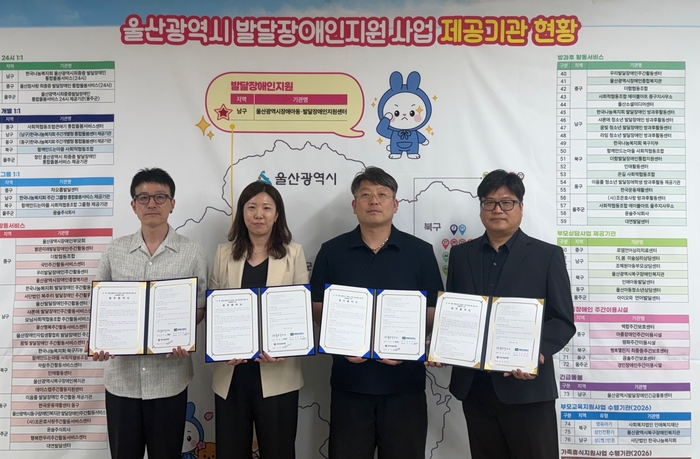 춘해보건대학교 언어치료센터는 지난 18일 한국장애인개발원 울산광역시발달장애인지원센터, ㈜좋은일자리, 한국나눔복지회 통합돌봄센터와 함께 최중증발달장애인의 의사소통 지원 강화를 위한 업무협약(MOU)을 체결했다. 춘해보건대 제공