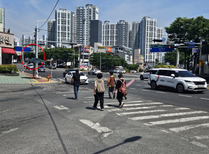 남구 야음사거리의 횡단보도와 신호등 간 이격거리가 멀어 보행자 시인성이 떨어지고 있다.