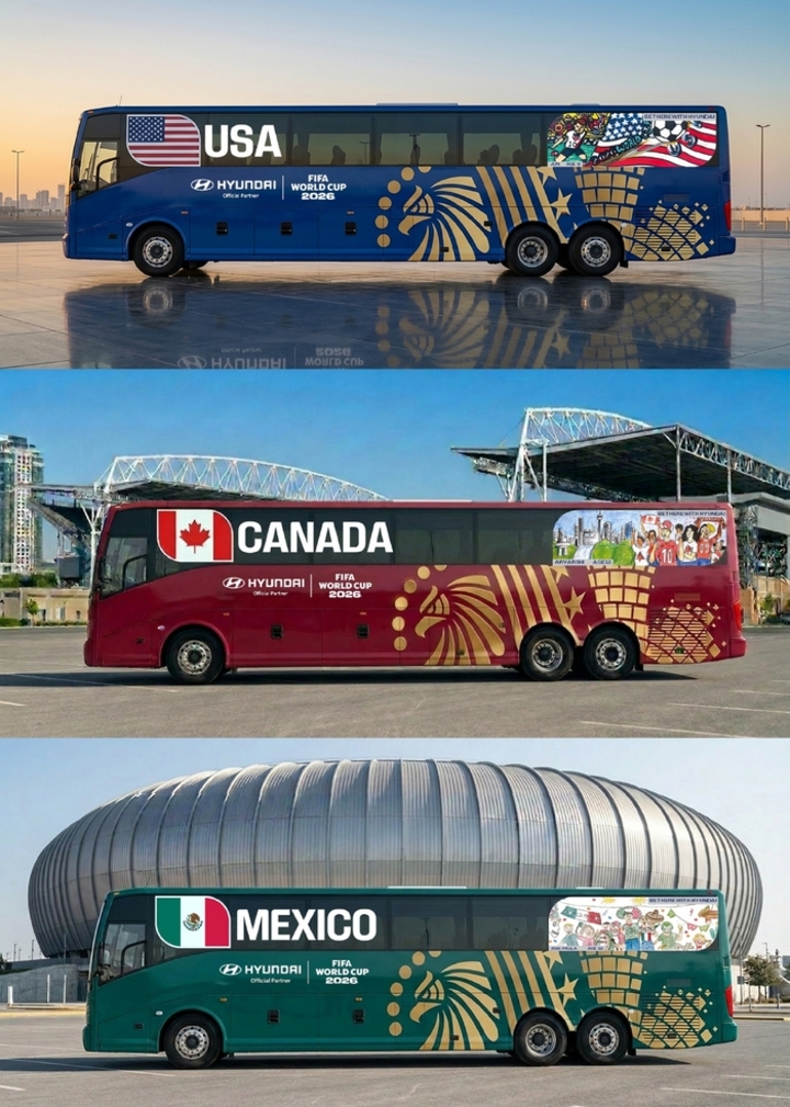 FIFA 월드컵 2026™ 개최국(미국, 캐나다, 멕시코) 국가대표팀 공식 버스 디자인(AI 생성 이. 현대차 제공