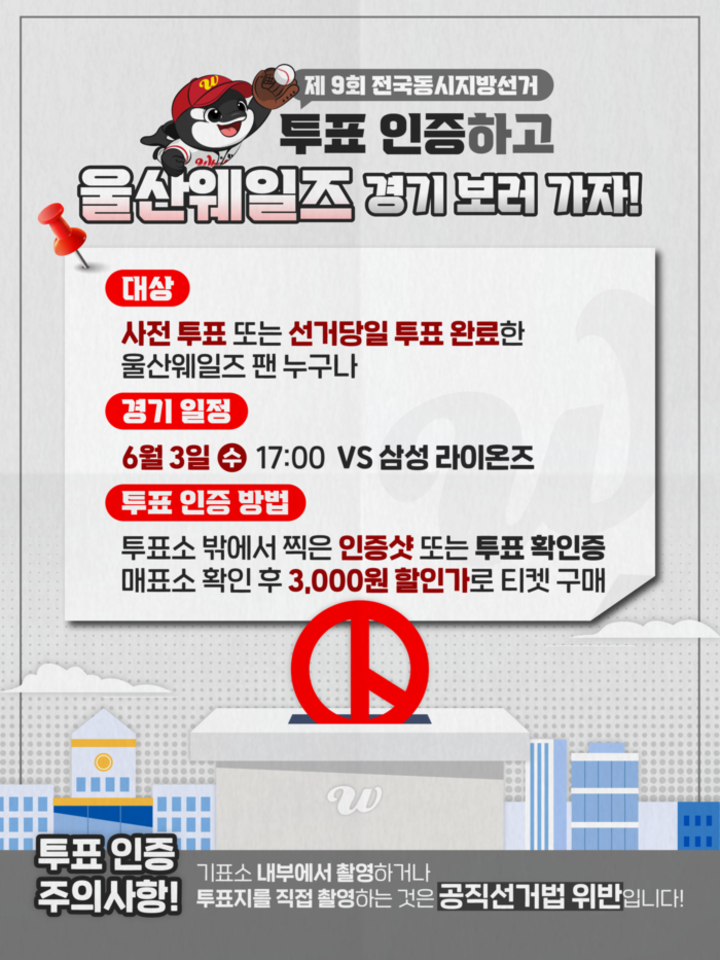 울산웨일즈가 오는 제9회 전국동시지방선거를 맞아 지역 유권자들의 투표를 독려하기 위한 ‘투표 인증 할인 프로모션’을 진행한다. 울산웨일즈 제공