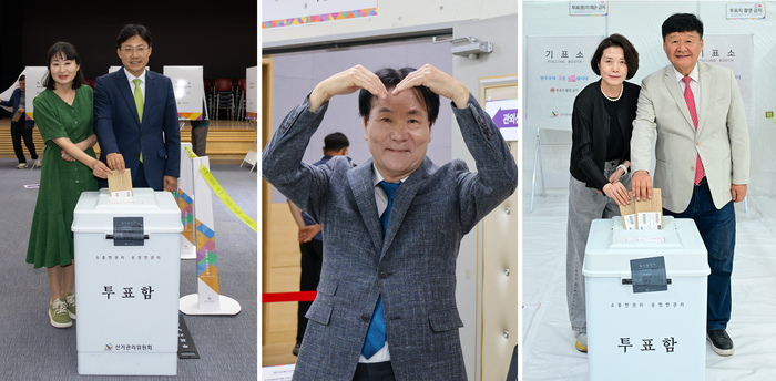 (왼쪽부터) 조용식·구광렬·김주홍 울산시교육감 후보가 제9회 전국동시지방선거 사전투표 첫날인 지난 29일 투표를 실시했다. 최지원 기자·후보 제공
