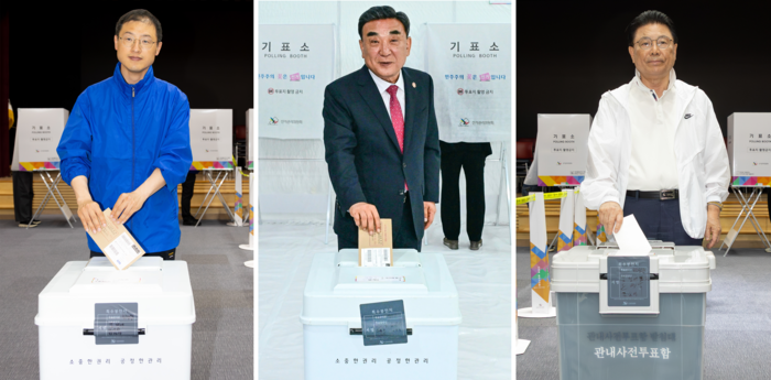 (왼쪽부터) 김상욱 더불어민주당 울산시장 후보, 김두겸 국민의힘 울산시장 후보, 박맹우 무소속 울산시장 후보가 제9회 전국동시지방선거 사전투표 첫날인 지난 29일 투표를 하고 있다. 최지원 기자