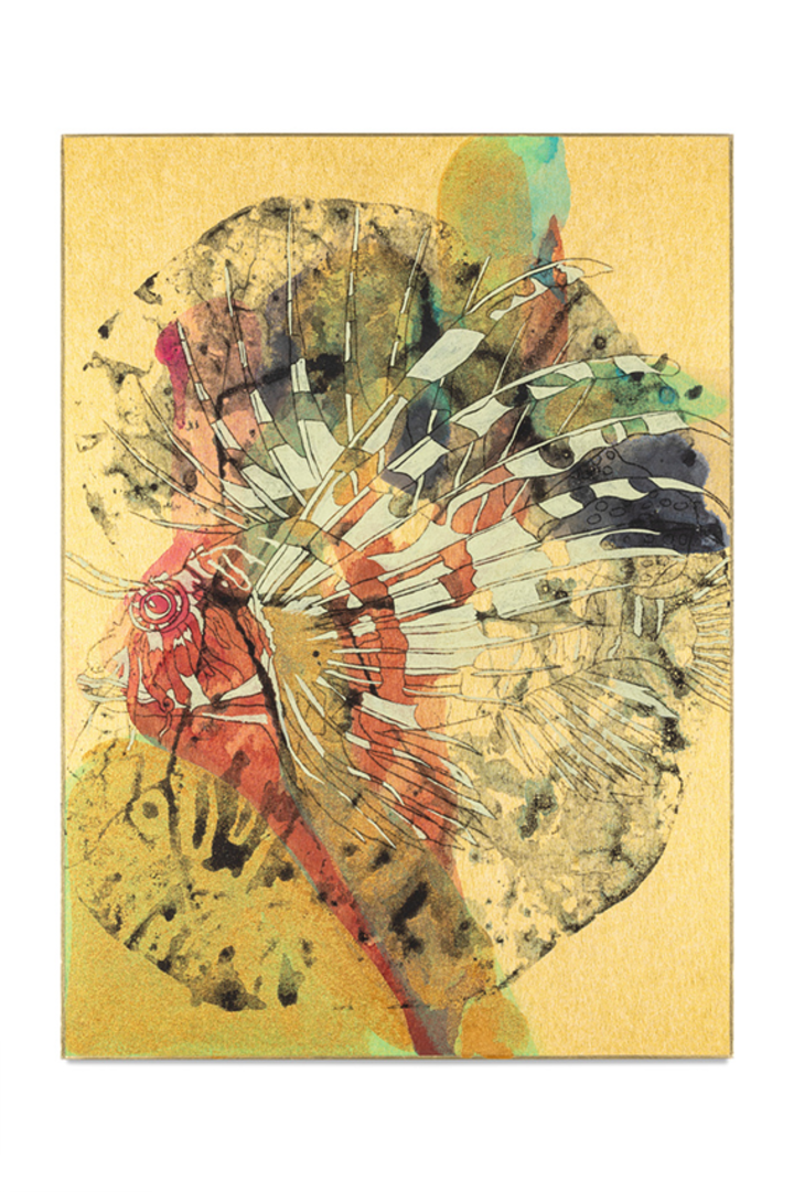 가브리엘 오로즈코, ‘Guapo Lion Fish’, 2024, 금박 시키시판에 템페라, 수채물감, 33×24 cm.