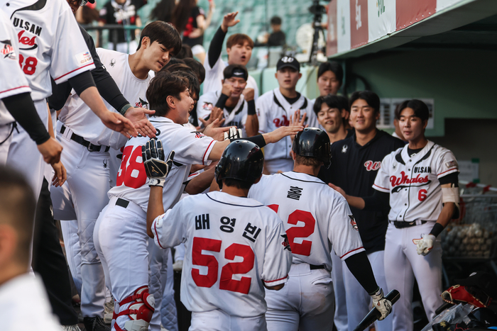 울산웨일즈 알렉스 홀과 배영빈이 득점 후 덕아웃으로 들어와 동료들로부터 환영을 받고 있다. 울산웨일즈 제공