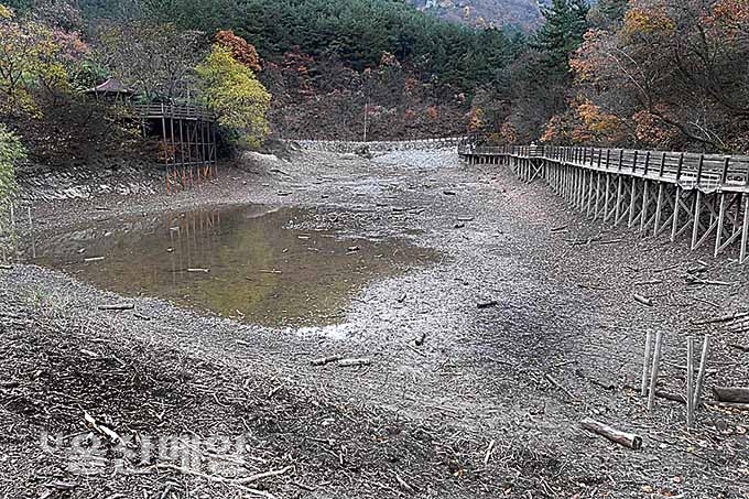 지난 2016년 누수로 바닥을 보인 홈골못 저수지의 모습. 울산매일 포토뱅크