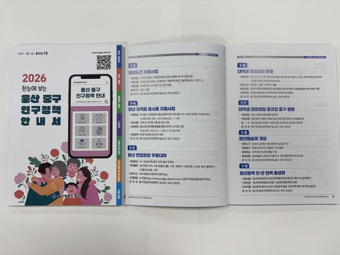 울산 중구가 주민들이 다양한 인구정책 정보를 쉽게 얻을 수 있도록 ‘2026년 울산광역시 중구 인구정책 안내서’ 700부를 발간·배포한다. 중구 제공