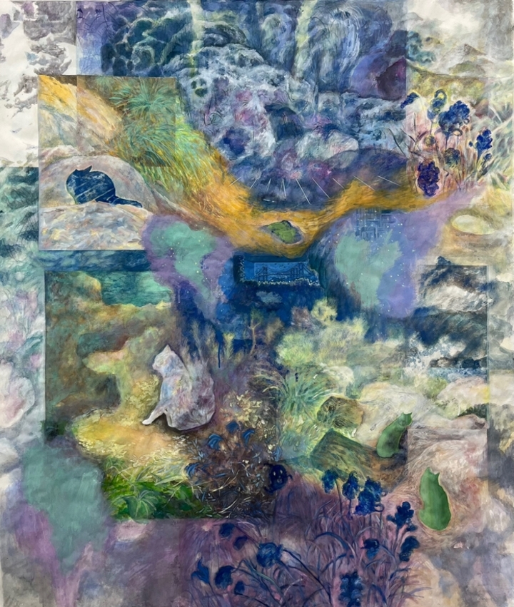 정예슬, 경계에 앉은 수호묘, 2026, 장지에 채색, 134x129cm. 문화공장 방어진 제공