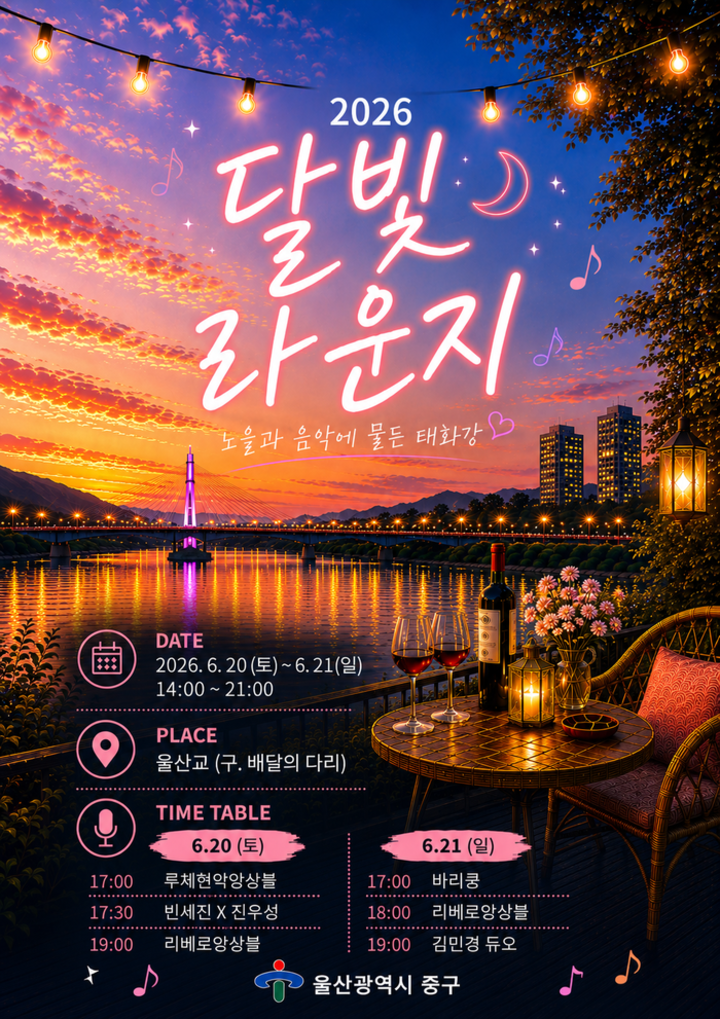 울산 중구가 오는 20~21일 이틀 동안 2026 태화강마두희축제와 연계해 울산교(옛 배달의 다리)에서 ‘2026 노을과 음악에 물든 태화강 : 달빛라운지’ 야외카페를 운영한다. 중구 제공