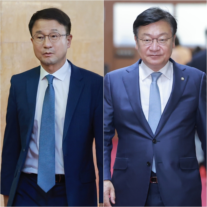 더불어민주당 한병도 원내대표(왼쪽)와 국민의힘 정점식 원내대표가 24일 국회의장실에서 조정식 국회의장 주재 원 구성 관련 원내대표 회동을 마친 뒤 이동하고 있다. 연합뉴스