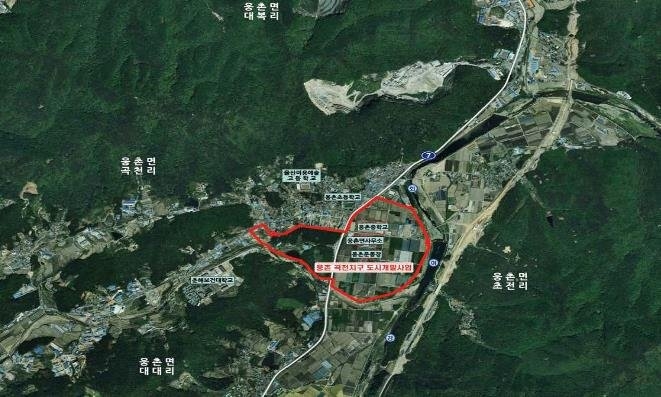 울산 울주군 곡천지구 도시개발사업이 내부 갈등과 자금난으로 공사가 중단되면서 준공 목표가 2029년까지 4년 연장됐다. 사진은 울주군 웅촌곡천 도시개발사업 위치도.