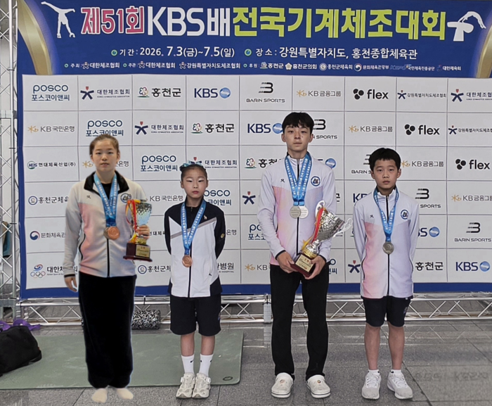 울산스포츠과학중·고등학교 체조부가 지난 3일부터 5일까지 강원도 홍천종합체육관에서 열린 제51회 KBS배 전국기계체조대회에서 개인과 단체 종목에 걸쳐 우수한 성적을 거뒀다. 왼쪽부터 하지윤, 서지윤, 조세훈, 김유 선수의 모습. 울산체조협회 제공