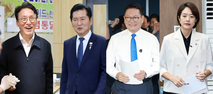 더불어민주당 차기 당권 주자들의 공식 출마 선언이 속속 이어지며 8·17 전당대회 대진표가 윤곽을 드러내고 있다. 왼쪽부터 목포 동부시장을 방문한 김민석 전 총리, 국회 의원회관에서 열린 정책토론회에 참석한 정청래 전 대표, 당사에서 출마 선언을 한 송영길 의원, 국회 소통관에서 출마 선언을 한 고민정 의원. 연합뉴스