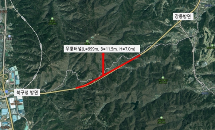 대피시설이 없는 울산 무룡터널에 화재 발생 시 차량 진입을 자동 차단하는 원격통합제어 시스템이 구축된다. 사진은 울산 북구 무룡터널 위치도.